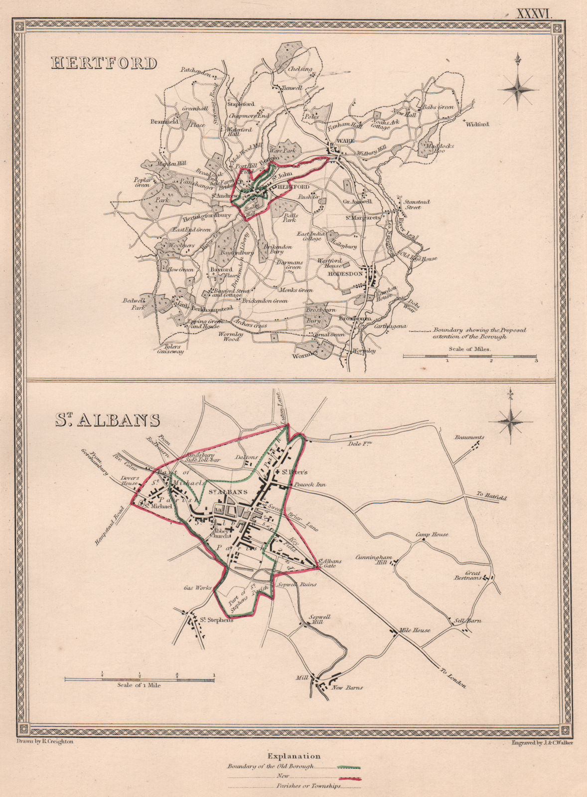 HERTFORDSHIRE TOWNS. Hertford St Albans borough plans.CREIGHTON/WALKER 1835 map